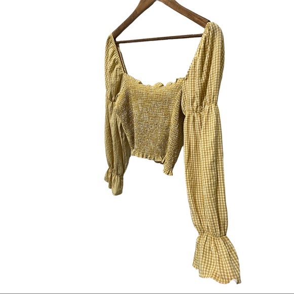 URBAN OUTFITTERS GOLDEN YELLOW AND WHITE SMOCKED GINGHAM LONG SLEEVE TOP - Picture 13 of 15